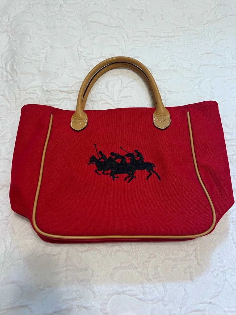 Ralph Lauren Red Canvas Tote with Tan Leather Handles and Embroidered Logo